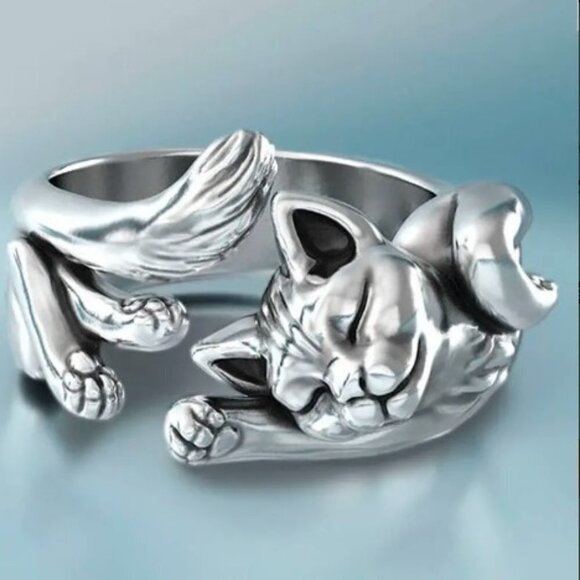 Cat Cuff Ring Silver Adjustable Chunky Antique Style - Picture 1 of 3